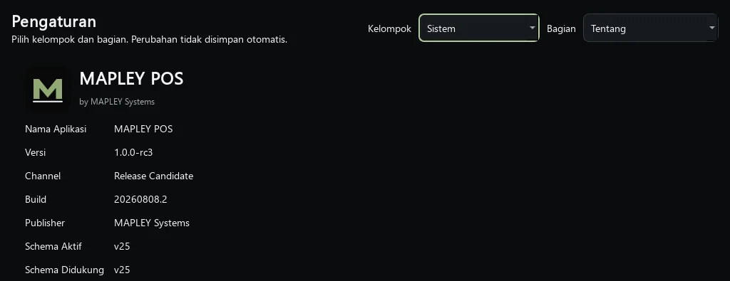 Halaman Tentang MAPLEY POS versi 1.0.0-rc3 build 20260808.2 schema v25.