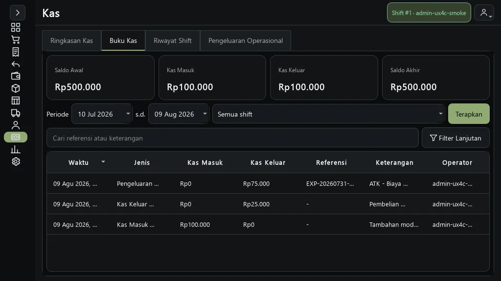 Buku Kas MAPLEY POS dengan daftar pergerakan kas demo.