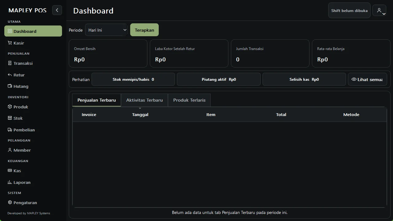Dashboard aktual MAPLEY POS build 20260808.2 dengan menu operasional toko.