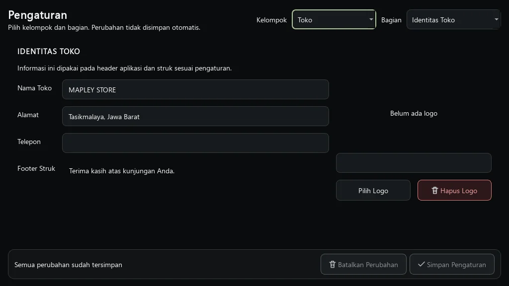 Pengaturan Identitas Toko MAPLEY POS.
