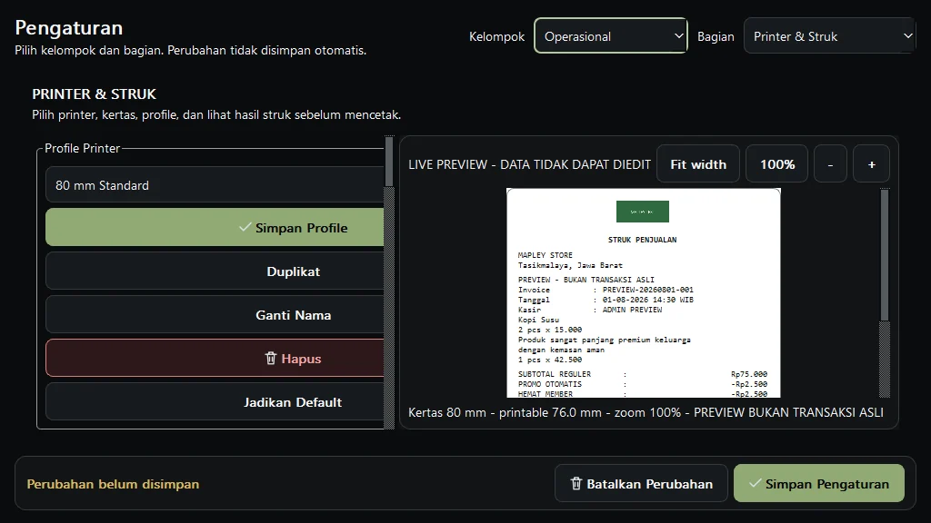 Pengaturan Printer dan Struk MAPLEY POS dengan preview.