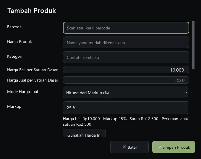 Dialog Tambah Produk MAPLEY POS.