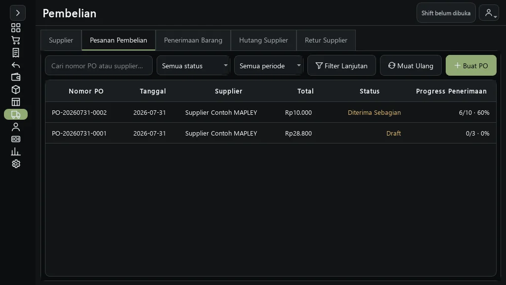Halaman Pembelian MAPLEY POS dengan daftar purchase order demo.