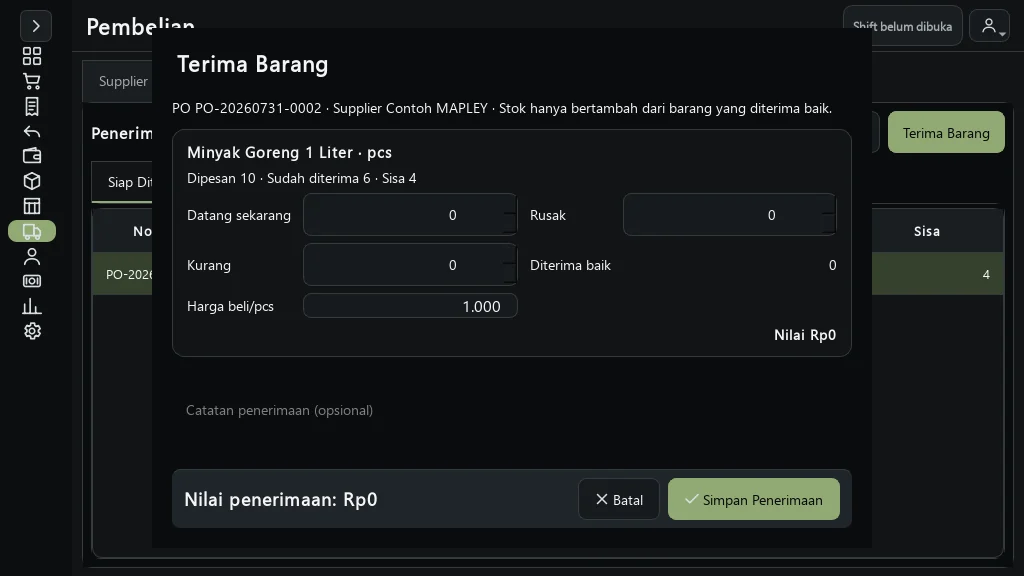 Dialog Terima Barang MAPLEY POS.