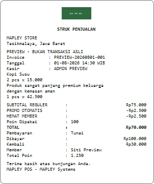Preview struk transaksi demo MAPLEY POS.