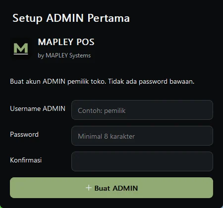 Form Setup ADMIN Pertama MAPLEY POS.