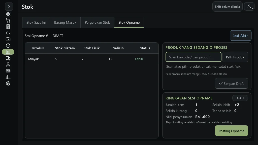 Ringkasan sesi Stok Opname MAPLEY POS.