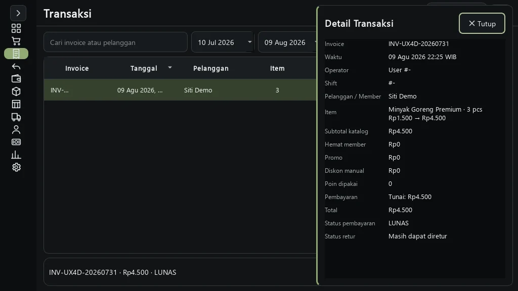 Detail transaksi MAPLEY POS dengan ringkasan invoice dan item.
